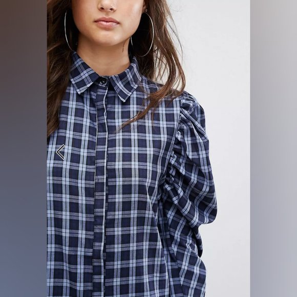 WORN ONCE ASOS BooHoo Blue Plaid Leg of Mutton Sleeve Buttondown Shirt Dress 80s - Picture 8 of 9